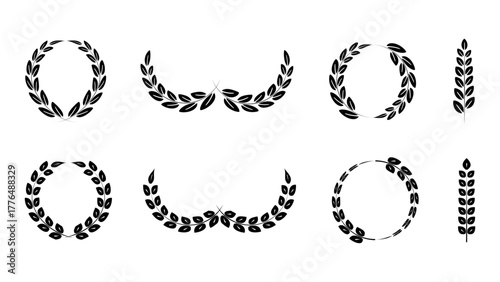 A set of vector hand-drawn laurel branch icons. Winner's emblem. Design elements isolated on a white background. EPS10