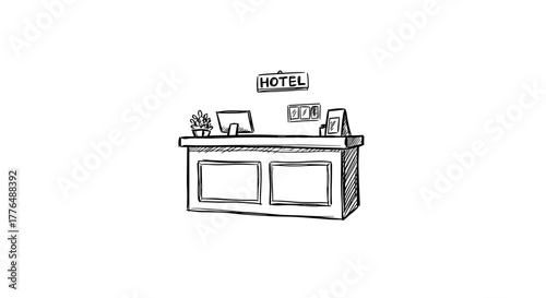 Hotel reception desk sketched style with sign and decor elements
