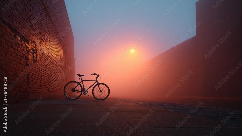 Fototapeta premium Bicycle leaning against a brick wall on the left side of the image. the wall appears to be made of red bricks and is partially obscured by a thick layer of fog.