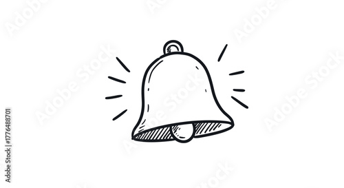 Hand drawn bell icon with sound lines on white background in doodle style