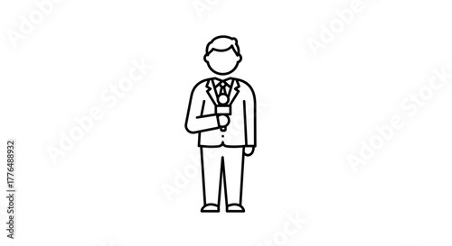 Minimalist linear figure holding microphone in suit