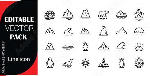 Arctic Animals and Landscape Line Icons polar bear
