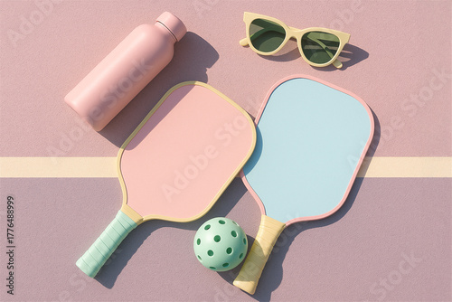 Pickleball paddles, ball, sunglasses, and a water bottle laying on a two-tone pastel court surface, creating a minimalist flat lay for summer sports and recreation