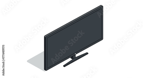 Isometric black flat screen tv on stand against white background
