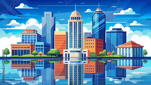 Very beautiful aerial panoramic view of downtown Lexington, Kentucky, USA, showing tall blue business office buildings with sky and clouds reflecting on their glass façades, under bright daylight.