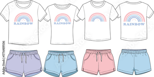 Rainbow kids t-shirt and shorts set, pastel color outfit, summer fashion, cute children clothes, coordinated apparel, playful casual wear
