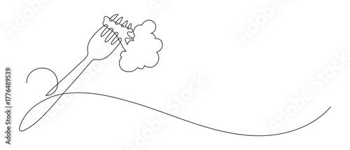 Broccoli on fork. Continuous line drawing. Food frame border doodle.