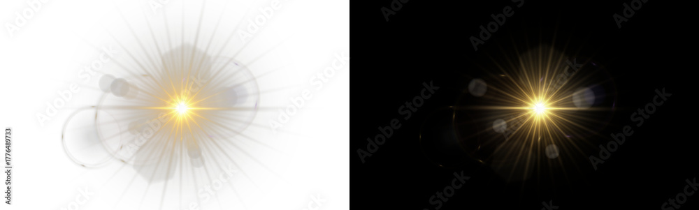 Obraz premium Golden sunlight flare with shining rays and bright glow. Warm summer light effect, sparkling glare, and radiant sunbeam. Perfect for sky, nature, and daylight design themes. Vector illustration.PNG 