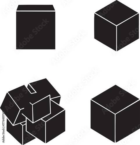 Adobe Illustrator Artwork "Geometric Cube Icon Set: Various Perspectives and Arrangements of 3D Square Shapes"