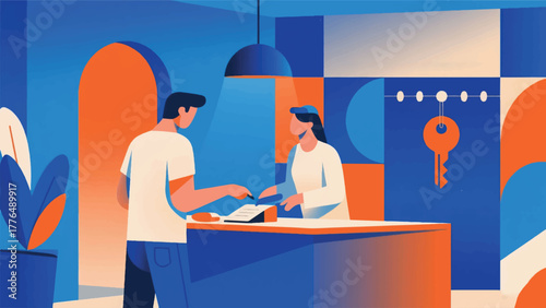 Illustration Vector Person Checking Into A Unique Boutique Hotel With A Welcoming Desk And Key Vector Design Template
