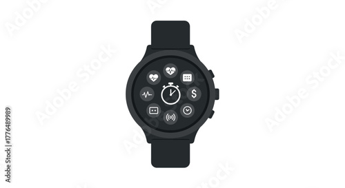 Minimalist smart watch with health and finance apps icons on black screen