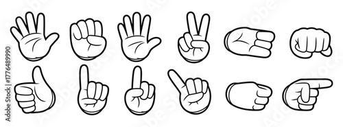 Cartoon hands vector illustration set with expressive white glove gestures pointing waving victory sign and cupped hand for creative design projects