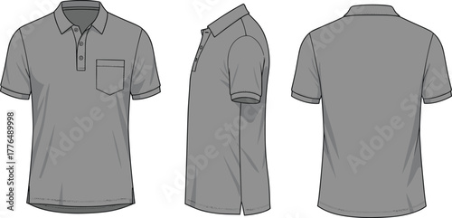 Short sleeve polo shirt front, side, back view, technical fashion sketch, garment design, apparel template, vector illustration, clothing mockup