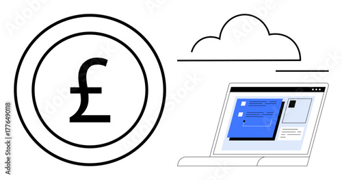 Pound currency symbol in circle, floating cloud, and laptop with online dashboard representing digital finance and monetary systems. Ideal for fintech, cloud computing, banking, investment, remote