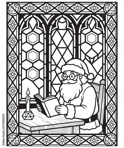 Santa claus reading a book by candlelight in a room with ornate stained glass windows line art