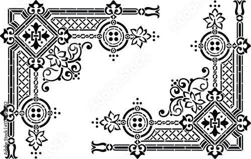 Two opposing intricate victorian and gothic style vector corner ornaments featuring detailed crosses, button elements, chain links, and dense geometric and floral patterns for vintage design.