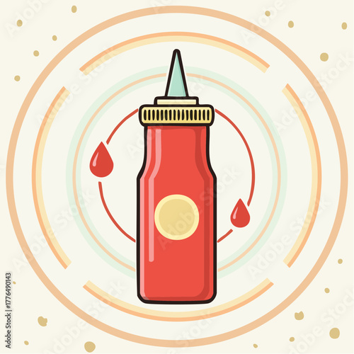Red Squeeze Bottle With Yellow Cap Dispensing Ketchup Drops And Circular Pattern Background With Golden Specks