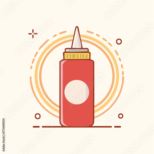 Red Squeeze Bottle With White Cap And Circular Embellishments On A Light Beige Background