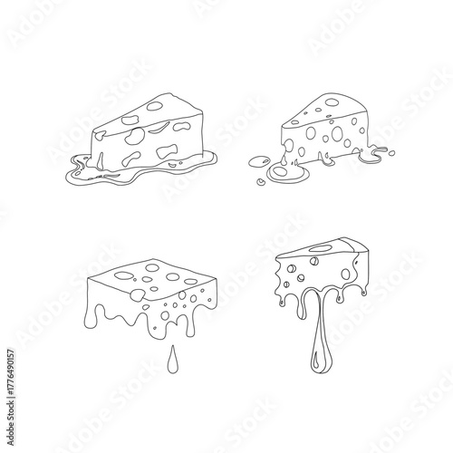 Melting cheese slice dripping. Gooey tasty dairy topping. Cheddar mozzarella snack icon. Creamy food ingredient for pizza sandwich burger design. Minimal outline vector and cartoon fill style.