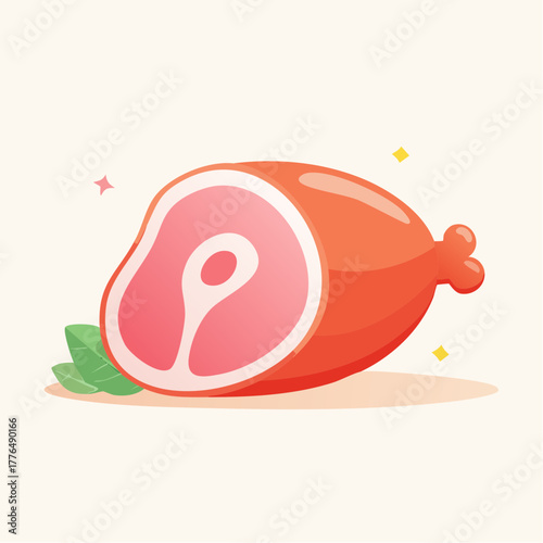 Stylized illustration of a raw ham hock with glistening pink meat and a white fat cap resting on green leaves with sparkling highlights
