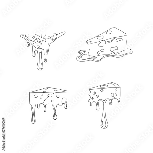 Melting cheese slice dripping. Gooey tasty dairy topping. Cheddar mozzarella snack icon. Creamy food ingredient for pizza sandwich burger design. Minimal outline vector and cartoon fill style.