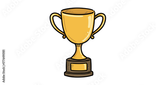 Golden trophy with handles in hand drawn style on white background