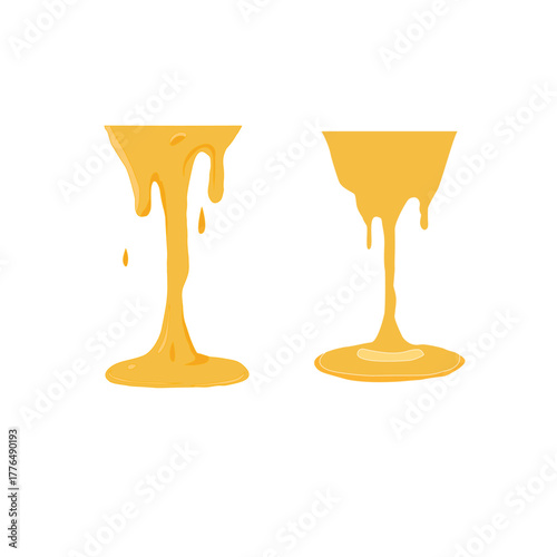 Melting cheese slice dripping. Gooey tasty dairy topping. Cheddar mozzarella snack icon. Creamy food ingredient for pizza sandwich burger design. Minimal outline vector and cartoon fill style.
