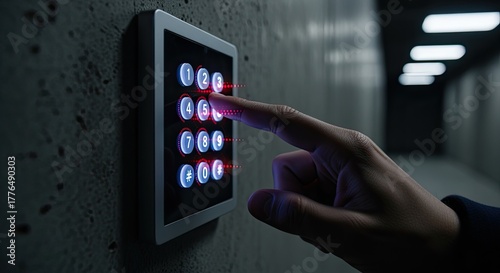 A close-up of a hand pressing buttons on a modern keypad. The keypad is mounted on a concrete wall, illuminated with blue and red lights.