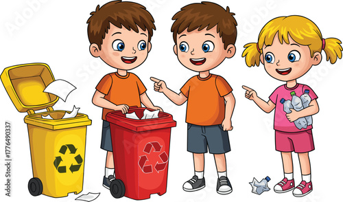 Cartoon children recycling paper and plastic, yellow and red bins, environmental awareness, waste sorting, school activity, eco-friendly habits, education