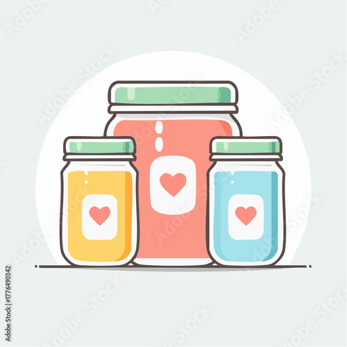 Three Cartoon Jars with Hearts Inside Displaying Various Colors Against a Light Background
