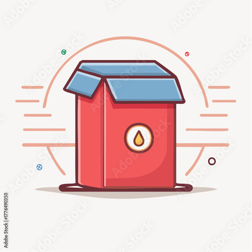 Open Red Cardboard Box with Blue Lid and Oil Drop Symbol on White Background