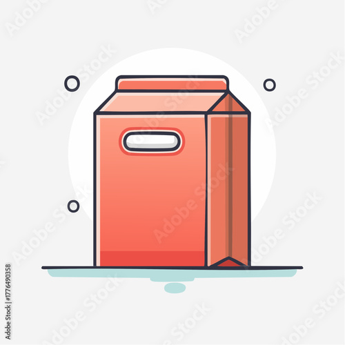 Coral Pink Paper Cardboard Carton With Handle Flat Design Illustration On White Circular Background With Small Circles And Blue Water Effect At Base