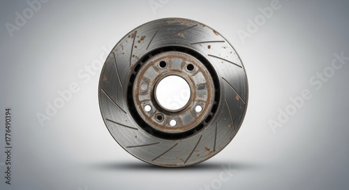 Close-up of a worn automotive brake disc with visible grooves and rust. The disc is circular with a central hole and multiple mounting holes.