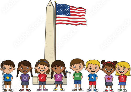 Cartoon children standing together, diverse group, American flag, Washington Monument, patriotic theme, unity, celebration, educational illustration, national pride, USA