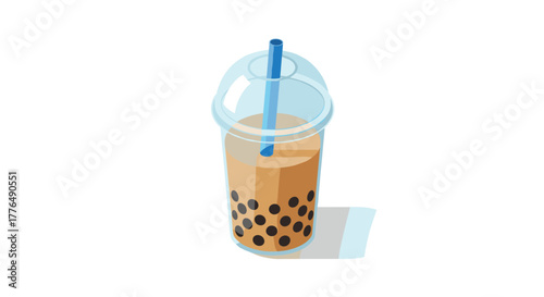 Isometric bubble tea with tapioca pearls and blue straw on white background