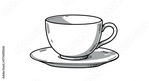 Classic black and white coffee cup with saucer in simple sketch style