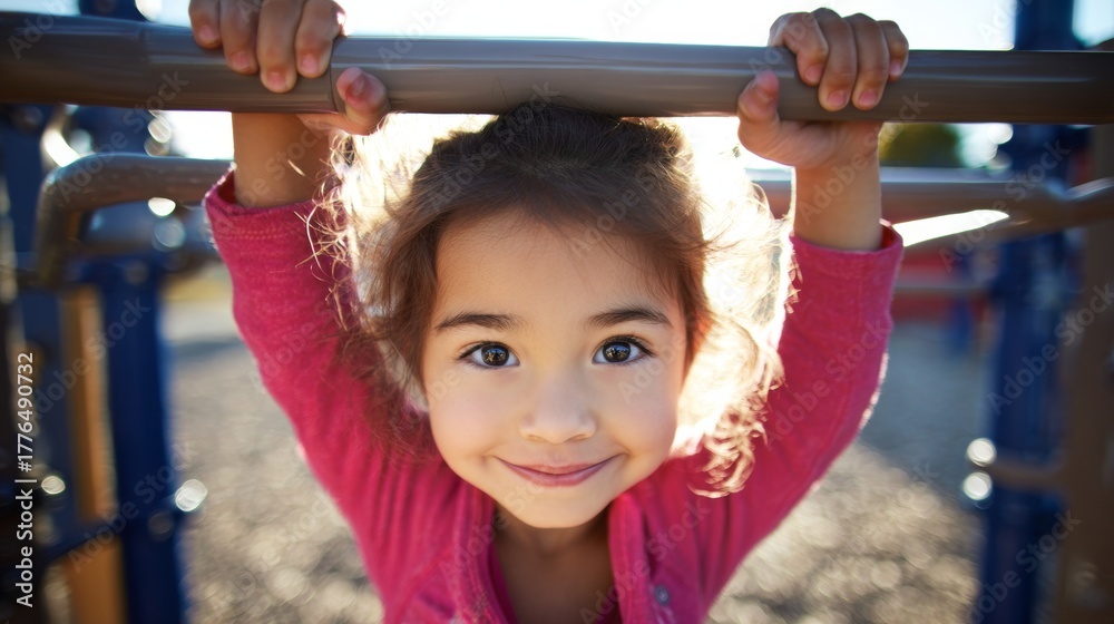 Fototapeta premium Playground happiness: sunshine, laughter, and childhood delight. Modern design. Smiling young girl in sunshine on a colorful climbing frame. Editorial style. Branding asset.