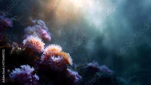 Fototapeta Naklejka Na Ścianę i Meble -  Sunlight streams through water illuminating delicate pink and orange sea anemones on a coral reef
