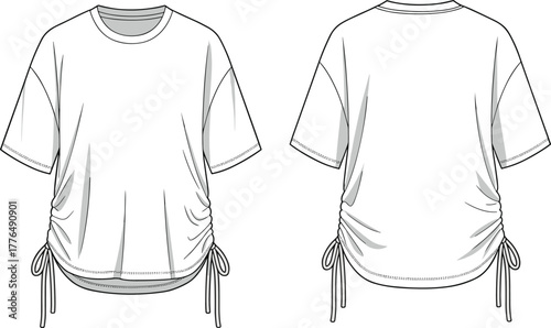 Short sleeve ruched drawstring t-shirt, fashion sketch, technical garment illustration, front and back view, apparel design, adjustable hem