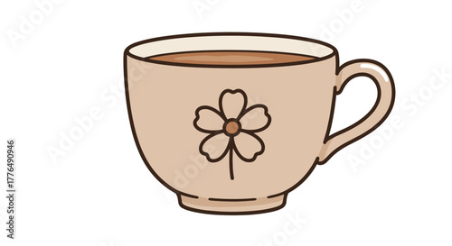 Charming floral teacup with simple line art style and beige tones