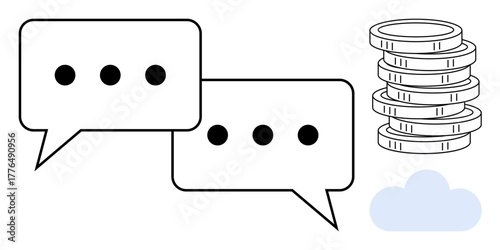 Two speech bubbles alongside a stack of coins and a cloud representing communication, digital transactions, and cloud integration. Ideal for technology, finance, collaboration, economy, online