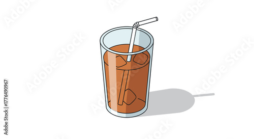 Refreshing iced tea in glass with straw and ice cubes in isometric style