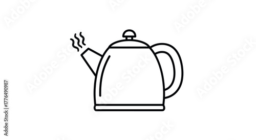 Minimalist linear tea kettle with steam on white background