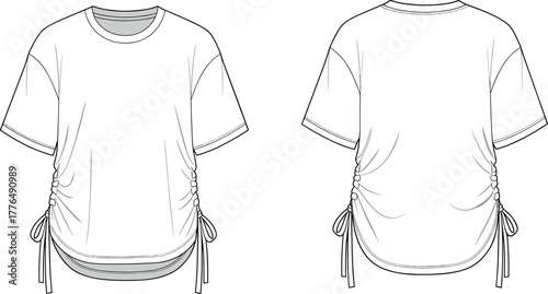 Short sleeve ruched drawstring t-shirt sketch, fashion flat, adjustable hem, technical illustration, front back view, apparel design template