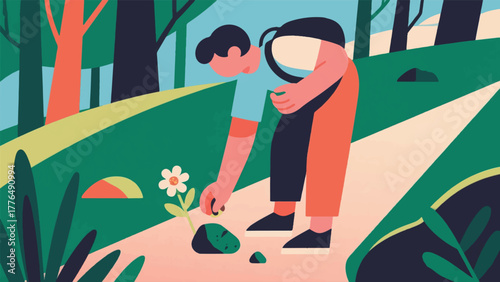 Illustration Vector Person Collecting Small Souvenirs , A Small Stone, A Pressed Flower) During A Nature Walk Vector Design Template