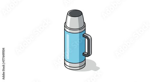 Blue thermos flask isometric design with handle on white background