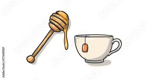 Handdrawn honey dripper and tea cup with teabag isometric style