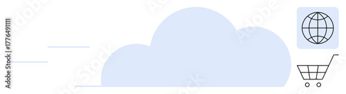 Cloud represents online storage with a globe icon for worldwide connections and a shopping cart for e-commerce. Ideal for technology, internet, shopping, globalization, data, communication, simple
