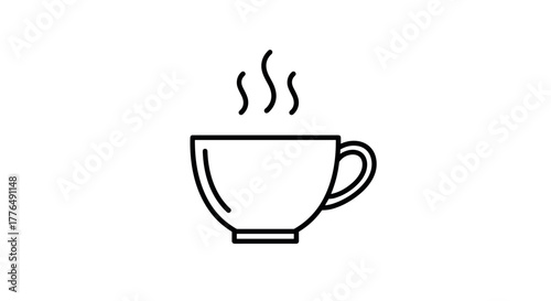Minimalist line art coffee cup icon with steam on white background
