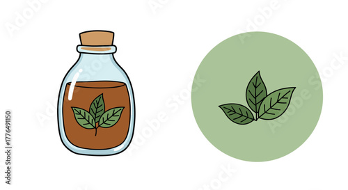 Botanical elixir bottle with leaf design in colorful handdrawn style